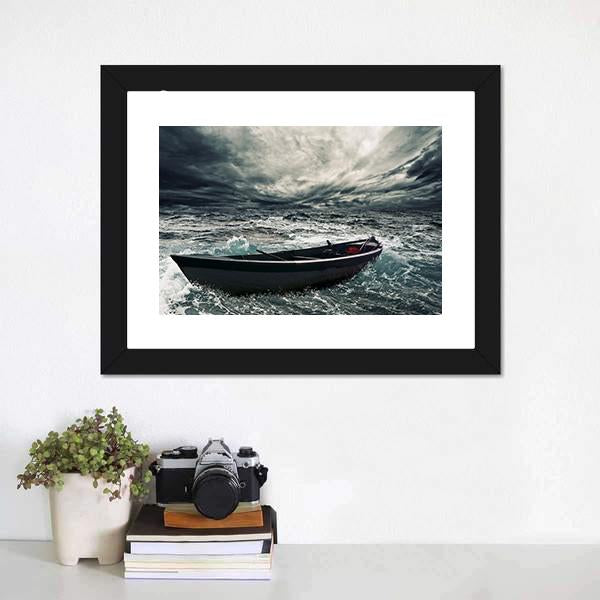 Boat In Stormy Sea Canvas Wall Art-1 Piece-Framed Print-20" x 16"-Tiaracle