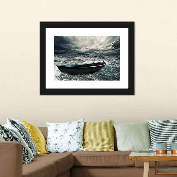 Boat In Stormy Sea Canvas Wall Art-3 Horizontal-Gallery Wrap-25" x 16"-Tiaracle