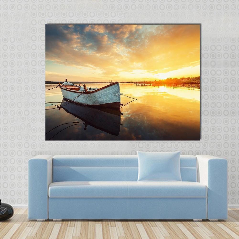 Boat On Lake At Sunset Canvas Wall Art-1 Piece-Gallery Wrap-48" x 32"-Tiaracle