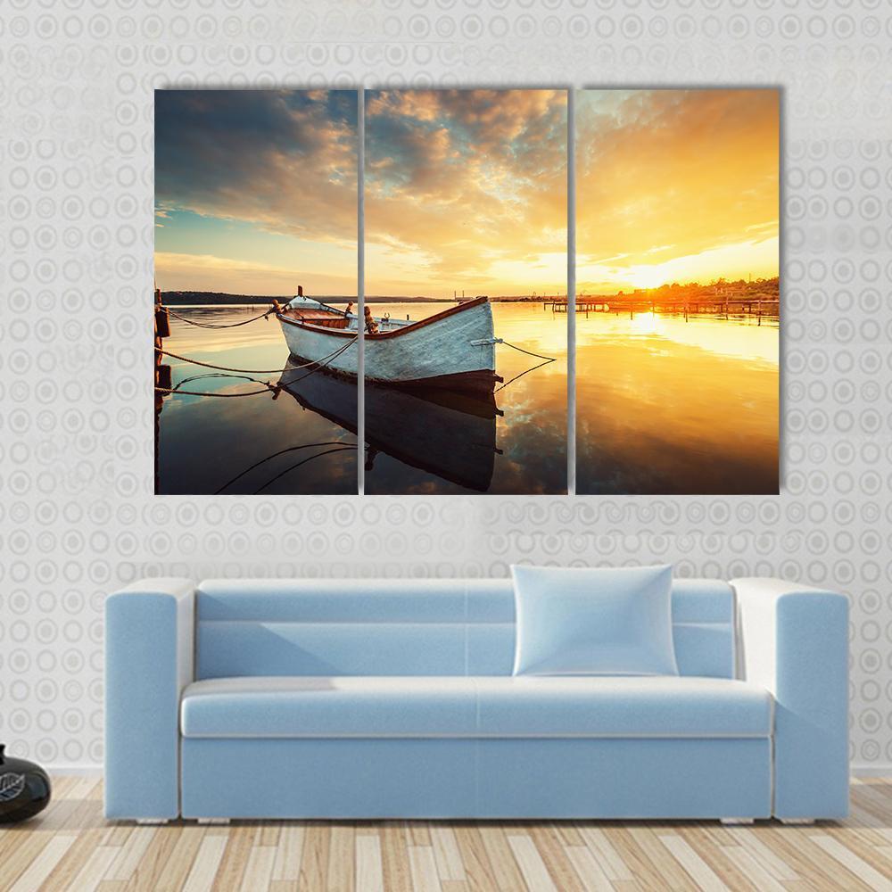 Boat On Lake At Sunset Canvas Wall Art-3 Horizontal-Gallery Wrap-37" x 24"-Tiaracle