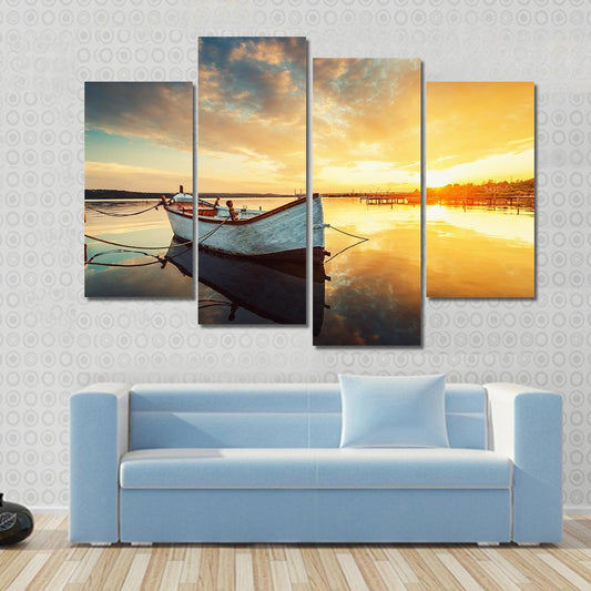 Boat On Lake At Sunset Canvas Wall Art-4 Pop-Gallery Wrap-50" x 32"-Tiaracle