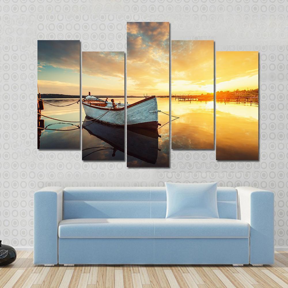 Boat On Lake At Sunset Canvas Wall Art-5 Pop-Gallery Wrap-47" x 32"-Tiaracle