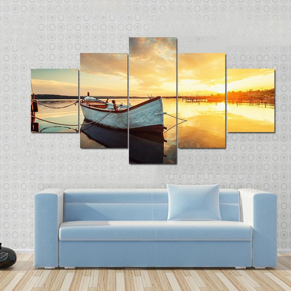 Boat On Lake At Sunset Canvas Wall Art-5 Star-Gallery Wrap-62" x 32"-Tiaracle