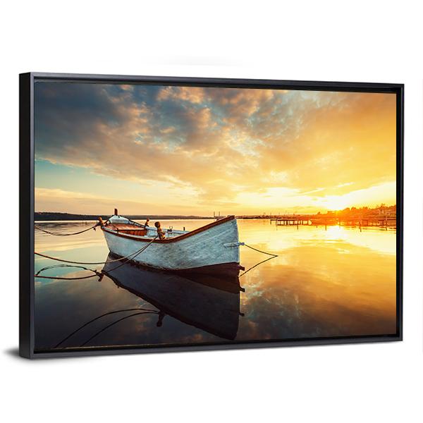 Boat On Lake At Sunset Canvas Wall Art-3 Horizontal-Gallery Wrap-25" x 16"-Tiaracle