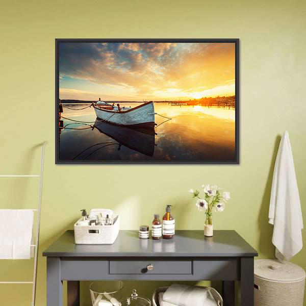 Boat On Lake At Sunset Canvas Wall Art-3 Horizontal-Gallery Wrap-25" x 16"-Tiaracle