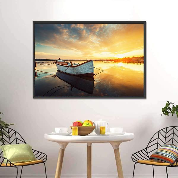 Boat On Lake At Sunset Canvas Wall Art-3 Horizontal-Gallery Wrap-25" x 16"-Tiaracle