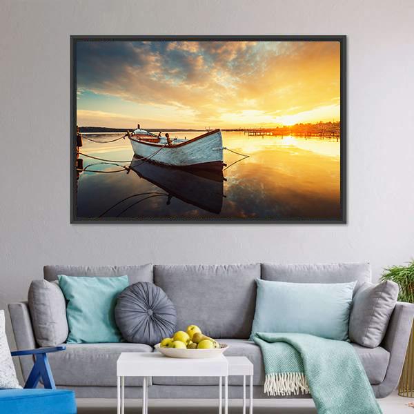 Boat On Lake At Sunset Canvas Wall Art-1 Piece-Floating Frame-24" x 16"-Tiaracle