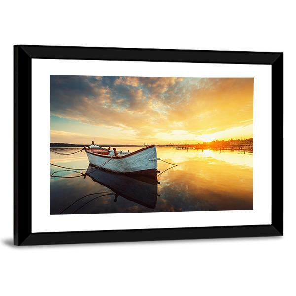 Boat On Lake At Sunset Canvas Wall Art-3 Horizontal-Gallery Wrap-25" x 16"-Tiaracle