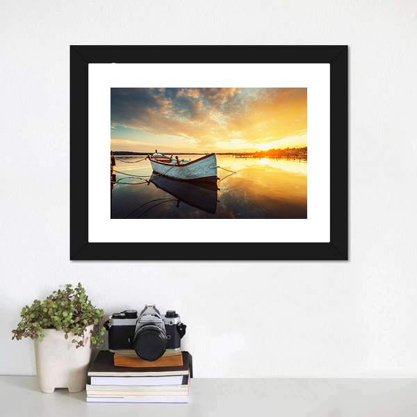 Boat On Lake At Sunset Canvas Wall Art-1 Piece-Framed Print-20" x 16"-Tiaracle