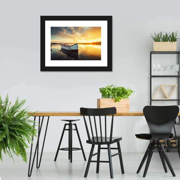 Boat On Lake At Sunset Canvas Wall Art-3 Horizontal-Gallery Wrap-25" x 16"-Tiaracle