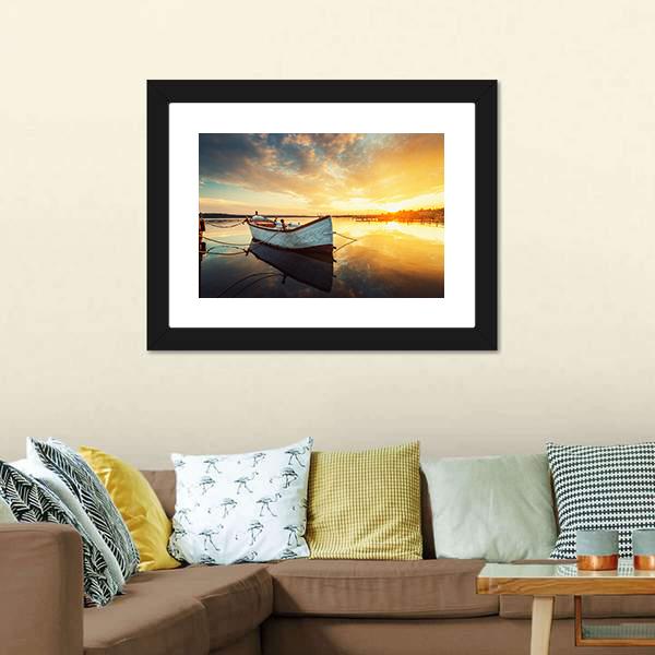 Boat On Lake At Sunset Canvas Wall Art-3 Horizontal-Gallery Wrap-25" x 16"-Tiaracle