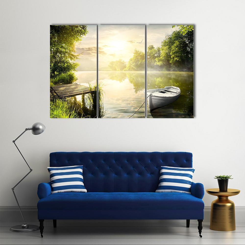 Boat On River Bank Canvas Wall Art-3 Horizontal-Gallery Wrap-37" x 24"-Tiaracle
