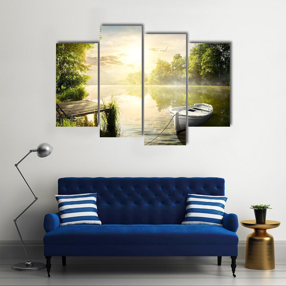 Boat On River Bank Canvas Wall Art-4 Pop-Gallery Wrap-50" x 32"-Tiaracle