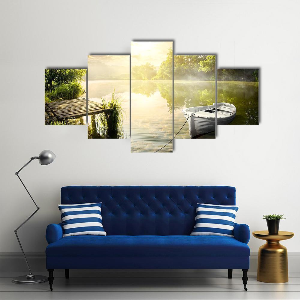 Boat On River Bank Canvas Wall Art-5 Star-Gallery Wrap-62" x 32"-Tiaracle