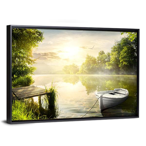 Boat On River Bank Canvas Wall Art-3 Horizontal-Gallery Wrap-25" x 16"-Tiaracle
