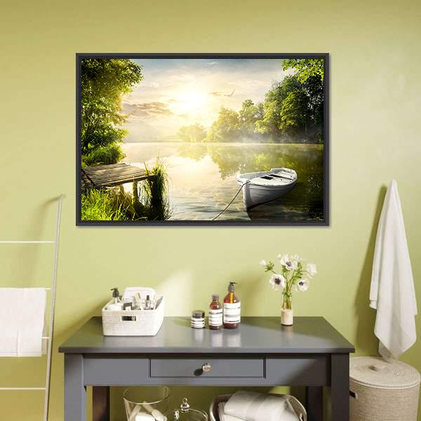 Boat On River Bank Canvas Wall Art-3 Horizontal-Gallery Wrap-25" x 16"-Tiaracle