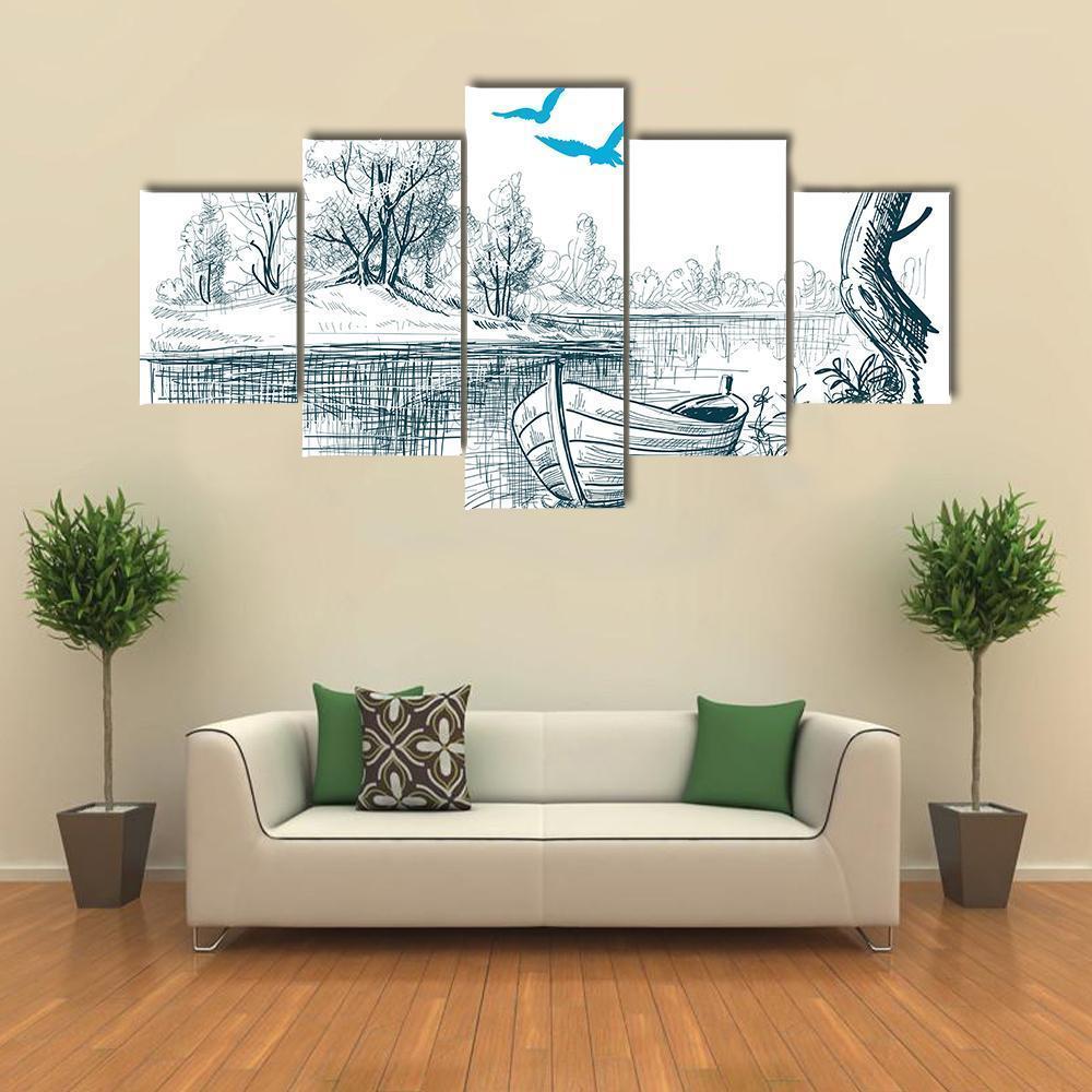Boat On River Delta Canvas Wall Art-5 Star-Gallery Wrap-62" x 32"-Tiaracle