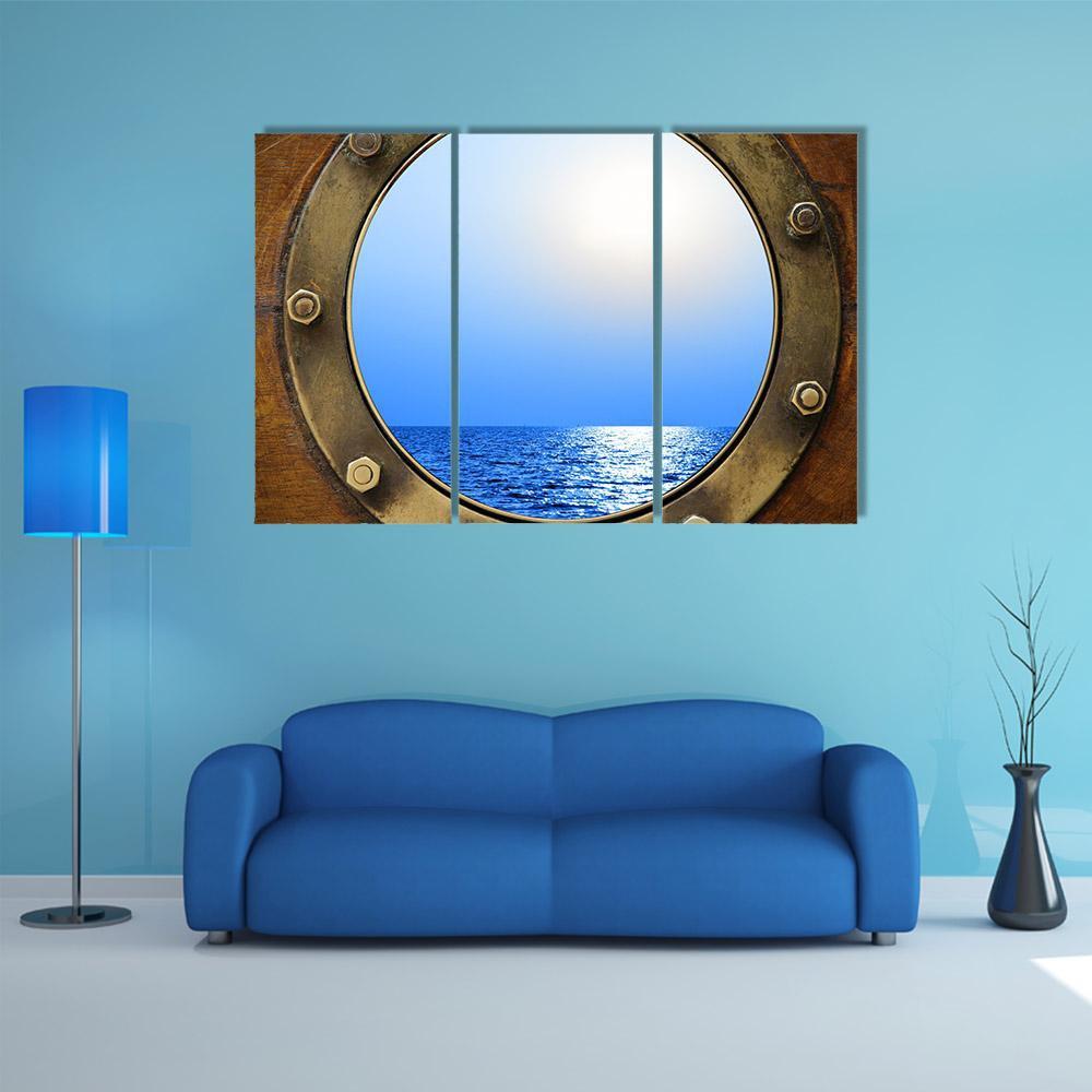 Boat Porthole With Ocean Canvas Wall Art-3 Horizontal-Gallery Wrap-37" x 24"-Tiaracle