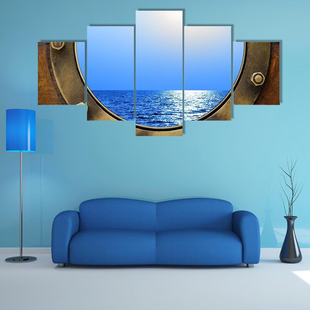 Boat Porthole With Ocean Canvas Wall Art-5 Star-Gallery Wrap-62" x 32"-Tiaracle