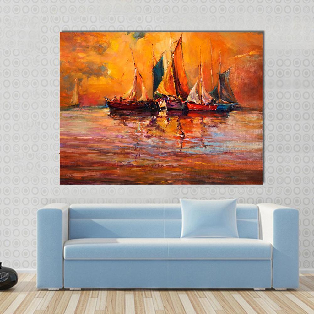 Boats & Sea Illustration Canvas Wall Art-1 Piece-Gallery Wrap-48" x 32"-Tiaracle