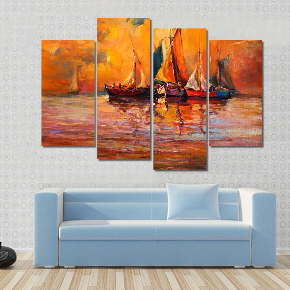 Boats & Sea Illustration Canvas Wall Art-4 Pop-Gallery Wrap-50" x 32"-Tiaracle