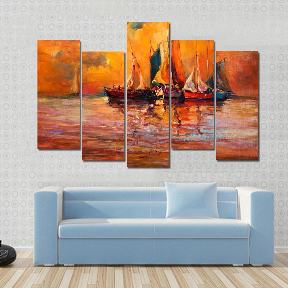 Boats & Sea Illustration Canvas Wall Art-5 Pop-Gallery Wrap-47" x 32"-Tiaracle