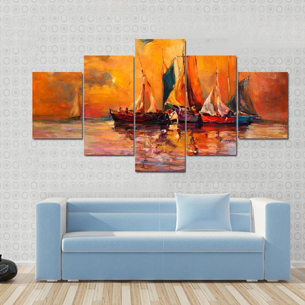 Boats & Sea Illustration Canvas Wall Art-5 Star-Gallery Wrap-62" x 32"-Tiaracle