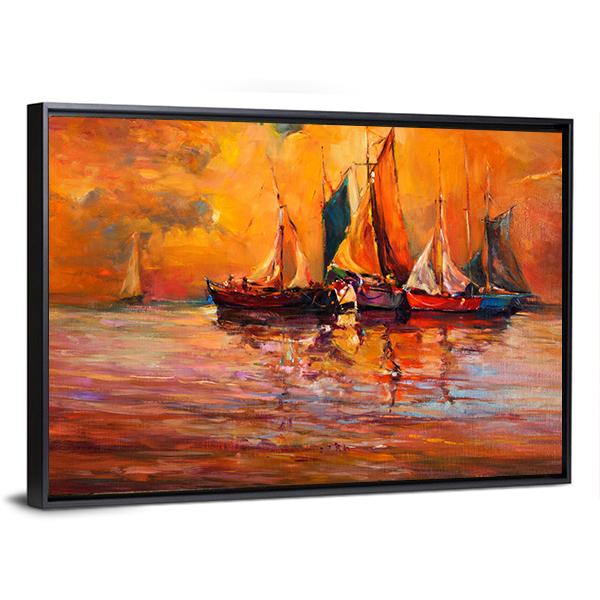 Boats & Sea Illustration Canvas Wall Art-3 Horizontal-Gallery Wrap-25" x 16"-Tiaracle