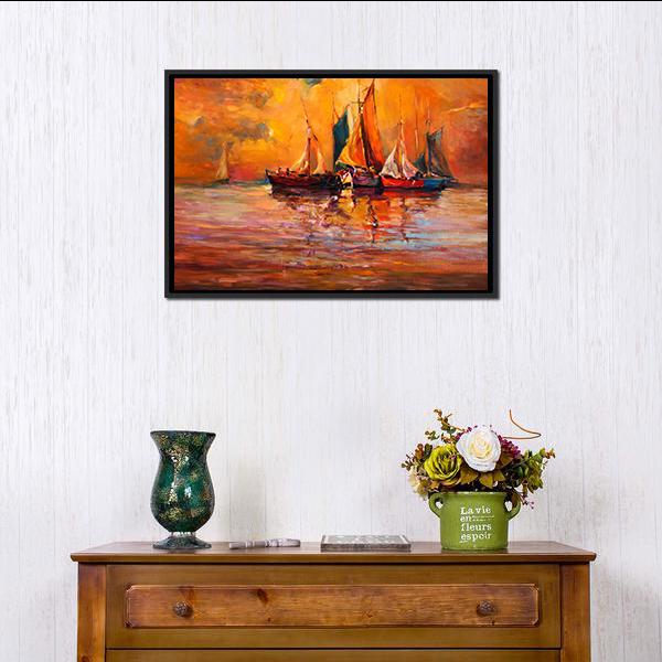 Boats & Sea Illustration Canvas Wall Art-1 Piece-Floating Frame-24" x 16"-Tiaracle