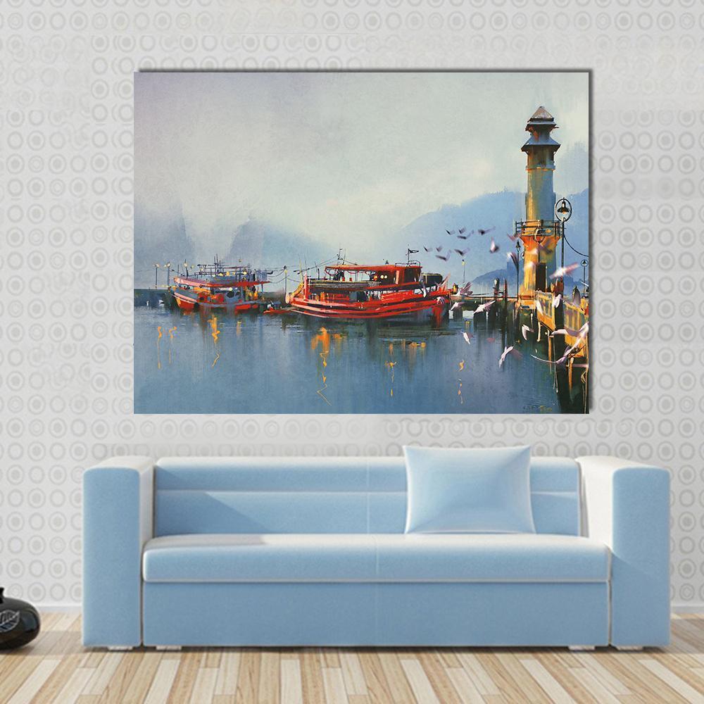 Boats In Harbor Canvas Wall Art-1 Piece-Gallery Wrap-48" x 32"-Tiaracle