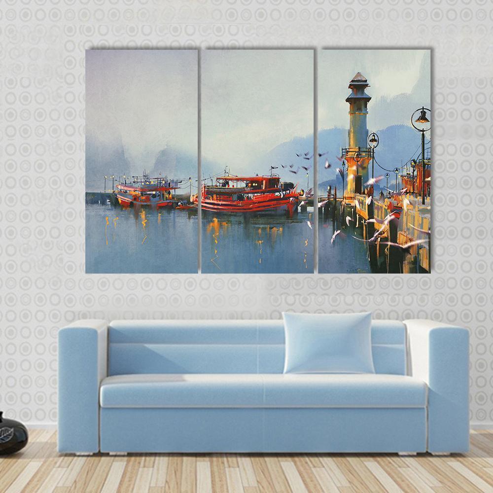 Boats In Harbor Canvas Wall Art-3 Horizontal-Gallery Wrap-37" x 24"-Tiaracle