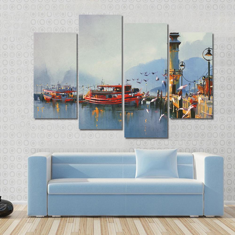 Boats In Harbor Canvas Wall Art-4 Pop-Gallery Wrap-50" x 32"-Tiaracle