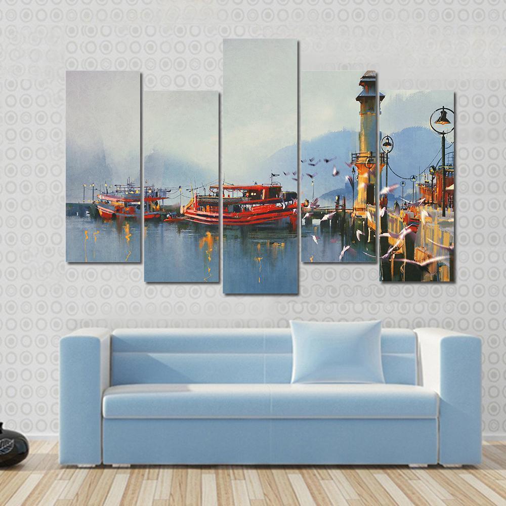 Boats In Harbor Canvas Wall Art-5 Pop-Gallery Wrap-47" x 32"-Tiaracle