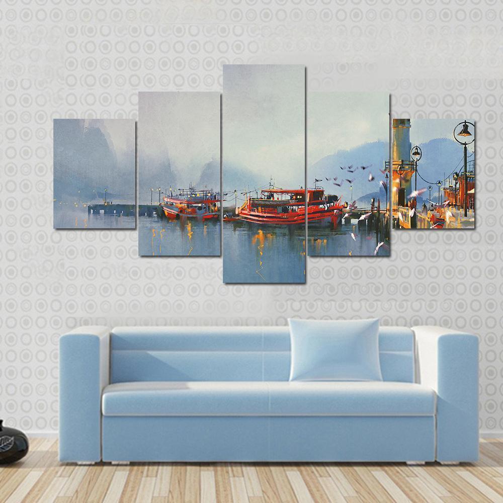 Boats In Harbor Canvas Wall Art-5 Star-Gallery Wrap-62" x 32"-Tiaracle