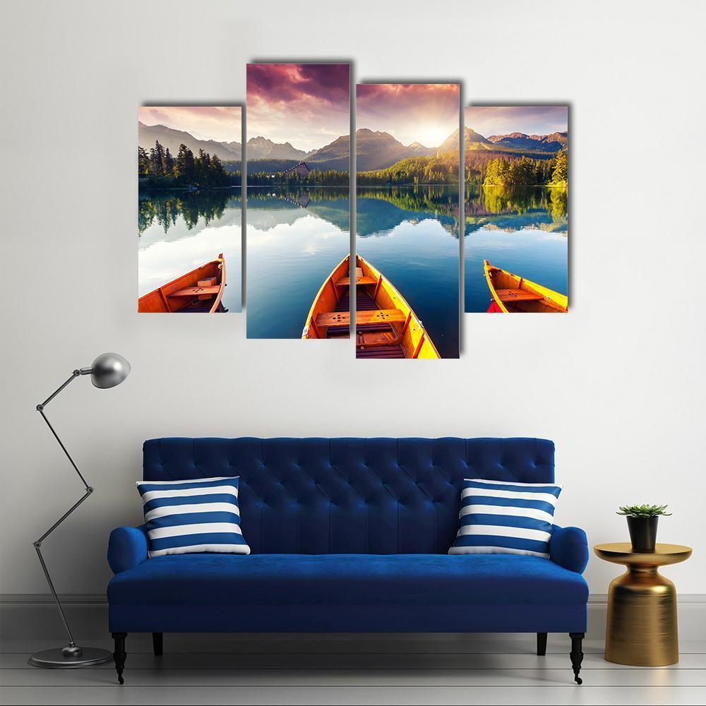 Boats In Mountain Lake Canvas Wall Art-4 Pop-Gallery Wrap-50" x 32"-Tiaracle