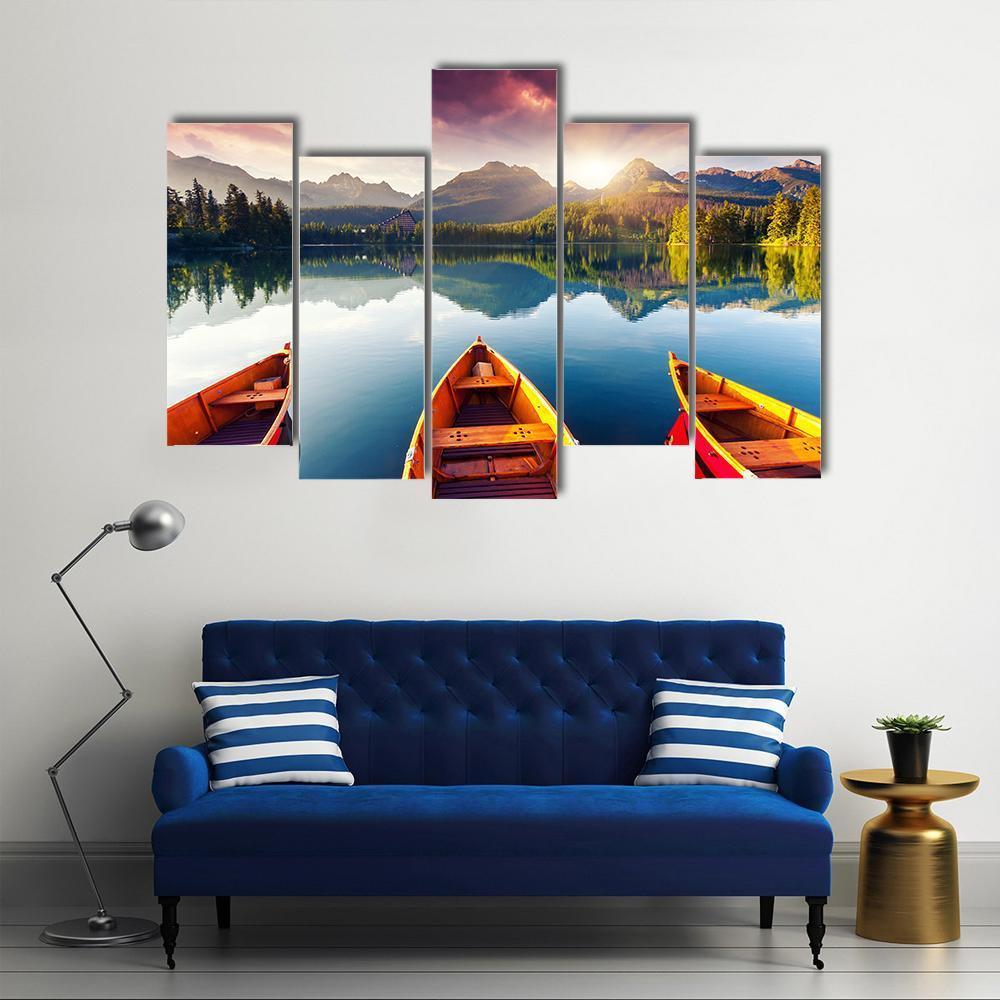 Boats In Mountain Lake Canvas Wall Art-5 Pop-Gallery Wrap-47" x 32"-Tiaracle