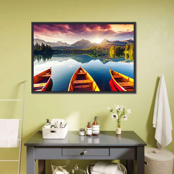 Boats In Mountain Lake Canvas Wall Art-3 Horizontal-Gallery Wrap-25" x 16"-Tiaracle