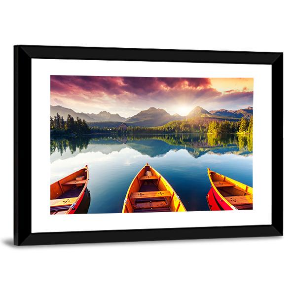 Boats In Mountain Lake Canvas Wall Art-3 Horizontal-Gallery Wrap-25" x 16"-Tiaracle