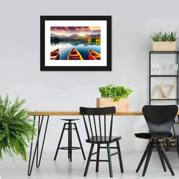 Boats In Mountain Lake Canvas Wall Art-3 Horizontal-Gallery Wrap-25" x 16"-Tiaracle