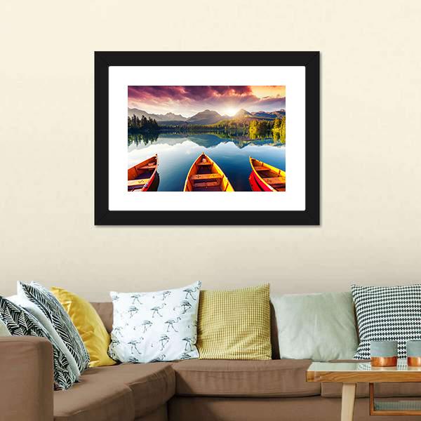 Boats In Mountain Lake Canvas Wall Art-3 Horizontal-Gallery Wrap-25" x 16"-Tiaracle