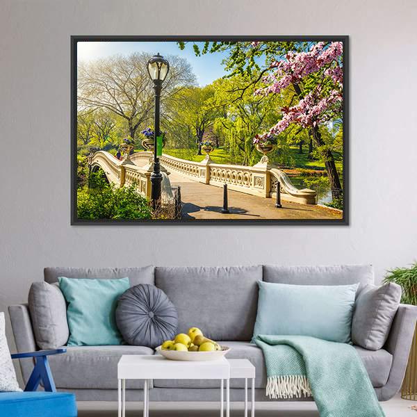 Bow Bridge In Central Park Canvas Wall Art-1 Piece-Floating Frame-24" x 16"-Tiaracle