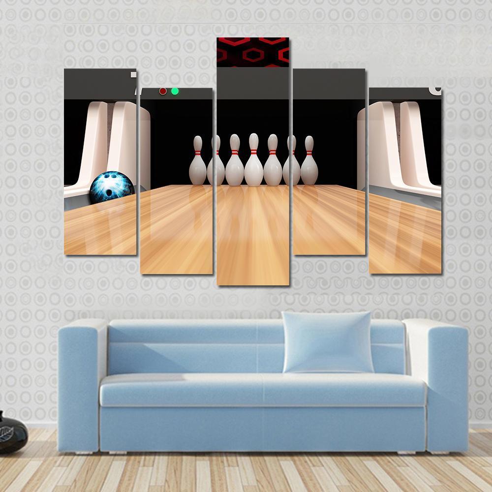 Bowling Pins On Wooden Lane Canvas Wall Art-5 Pop-Gallery Wrap-47" x 32"-Tiaracle