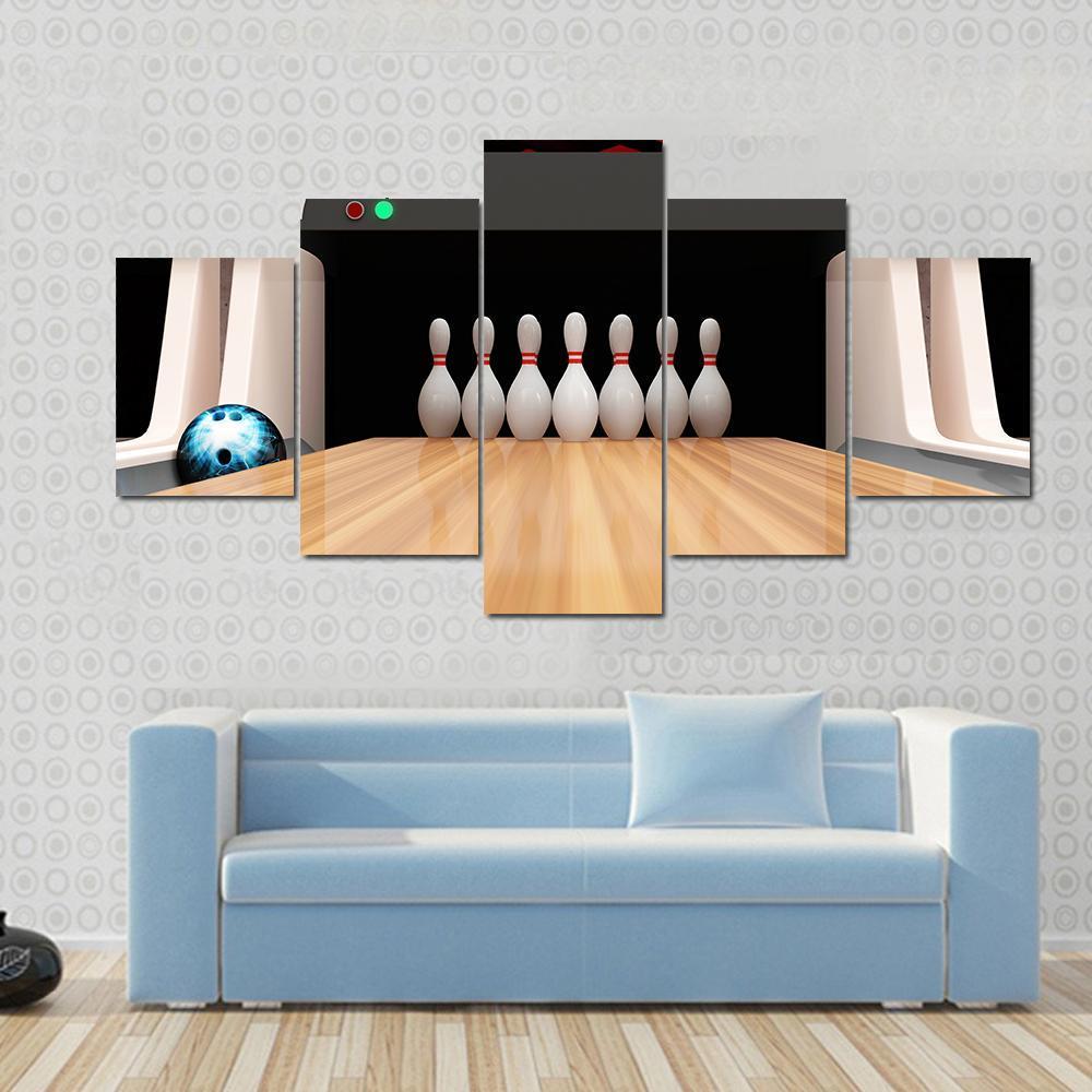 Bowling Pins On Wooden Lane Canvas Wall Art-5 Star-Gallery Wrap-62" x 32"-Tiaracle