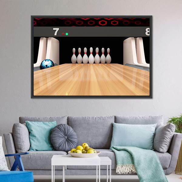 Bowling Pins On Wooden Lane Canvas Wall Art-1 Piece-Floating Frame-24" x 16"-Tiaracle