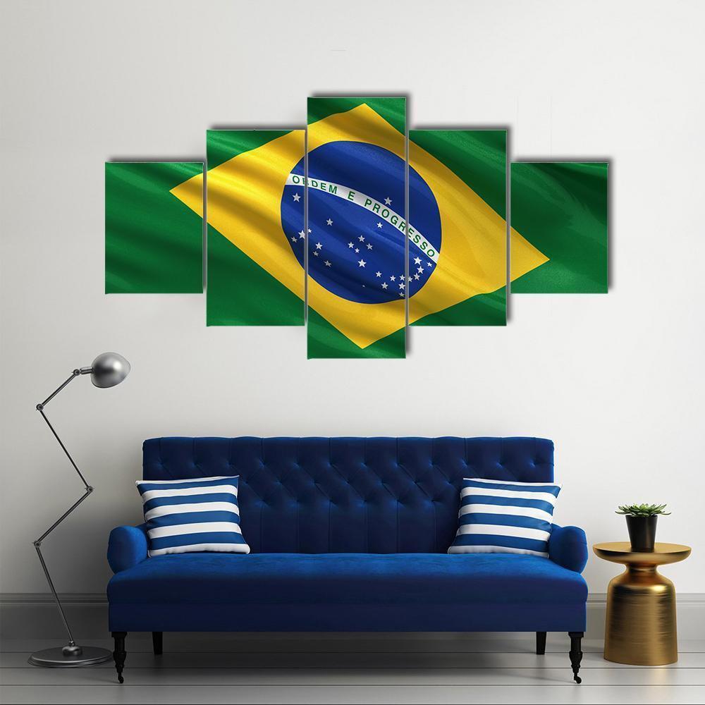 Waving Brazil Flag Canvas Wall Art-5 Star-Gallery Wrap-62" x 32"-Tiaracle