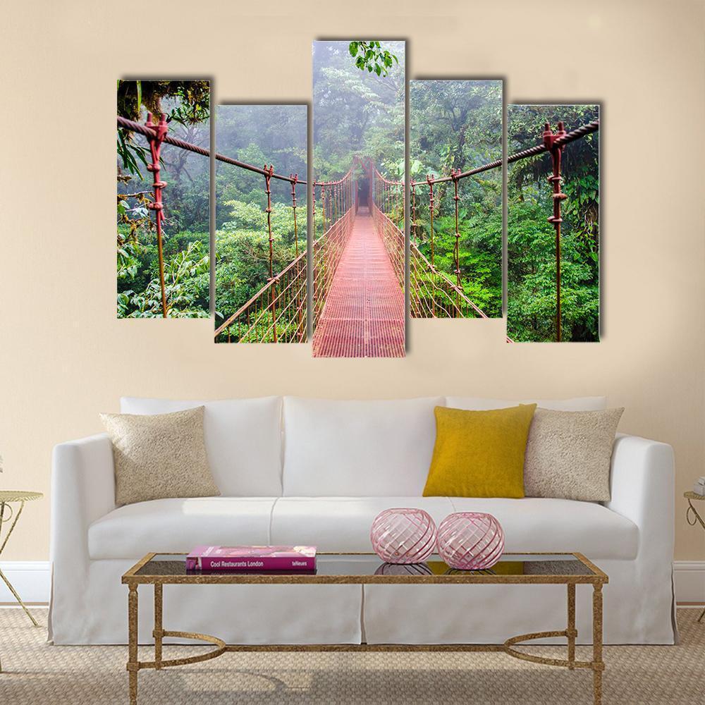 Bridge In Rain Forest Canvas Wall Art-5 Pop-Gallery Wrap-47" x 32"-Tiaracle