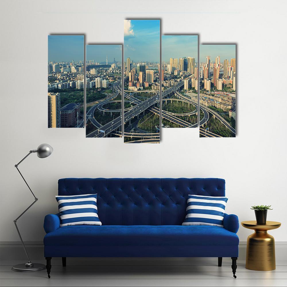 Bridges Under Blue Sky Canvas Wall Art-5 Pop-Gallery Wrap-47" x 32"-Tiaracle