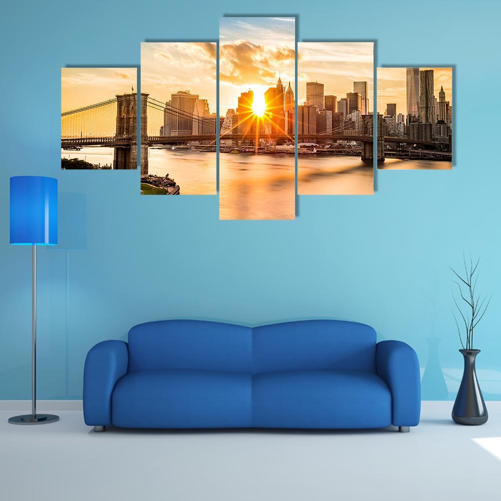 Brooklyn Bridge Skyline Canvas Wall Art-5 Star-Gallery Wrap-62" x 32"-Tiaracle