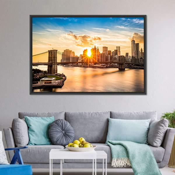 Brooklyn Bridge Skyline Canvas Wall Art-1 Piece-Floating Frame-24" x 16"-Tiaracle