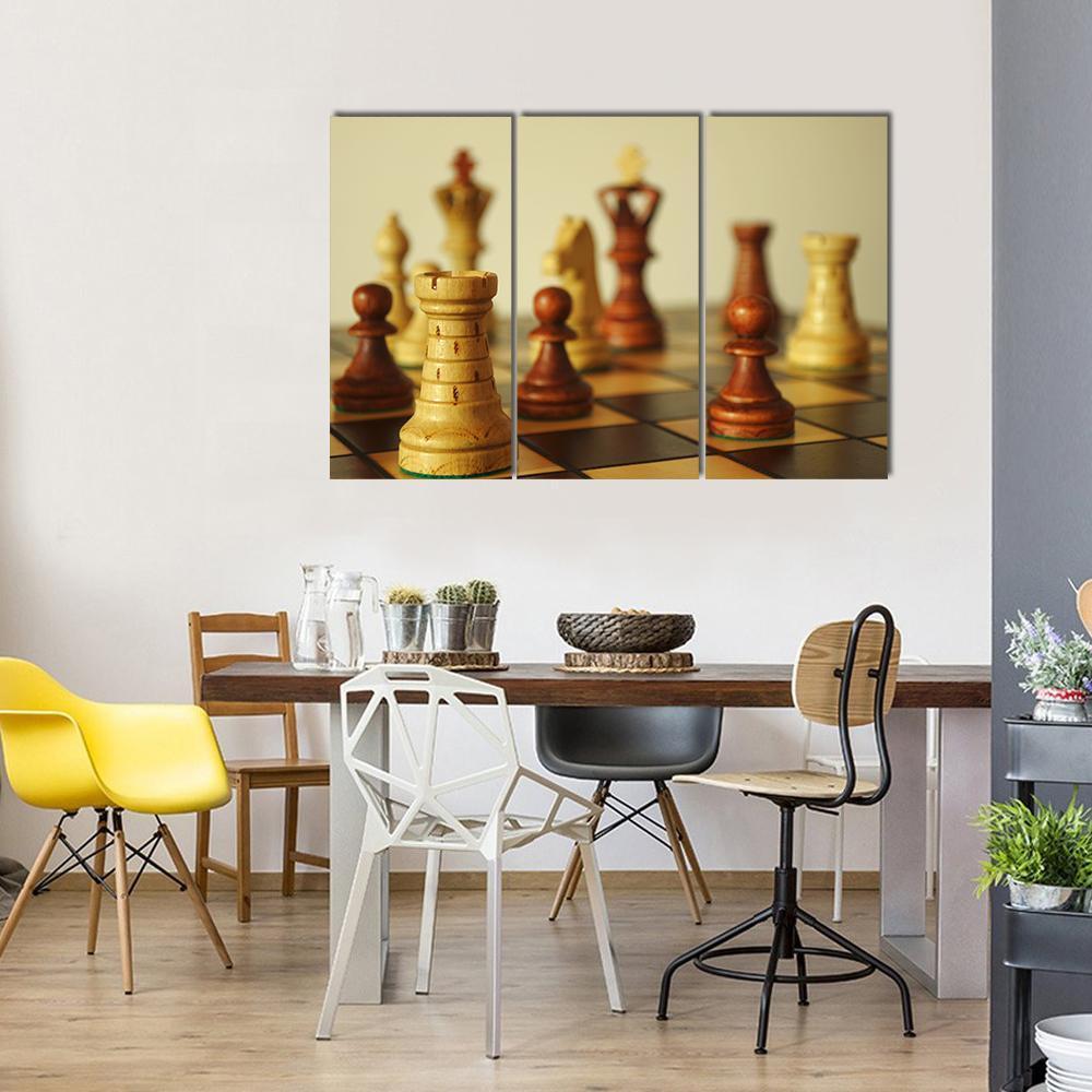 Brown Chess Pieces Canvas Wall Art-3 Horizontal-Gallery Wrap-37" x 24"-Tiaracle